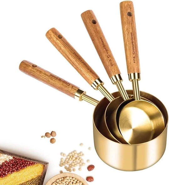 Valkyrie 4 Adet Büyük Boy Paslanmaz Çelik Ahşap Saplı Ölçü Kaşığı Seti Ölçü Kabı 60ml 80ml 125ml 250ml ürün görseli 1