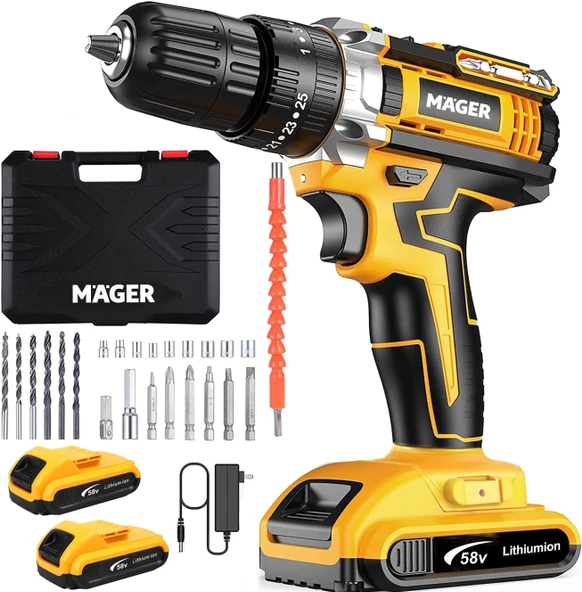 Mager 58 V 10 Ah Darbeli Çelik Şanzuman Bakır Sargılı Çift Akülü Şarjlı Matkap 27 Parça Set ürün görseli 1