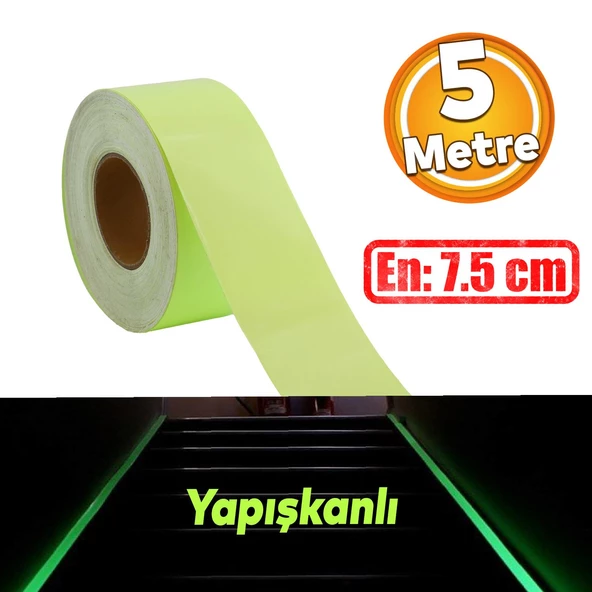Fotolümen Gece Parlayan 7.5 cm Yeşil Reflektörlü Fosforlu Reflektif Düz Şerit Bant 5 Mt İkaz Bandı ürün görseli 1