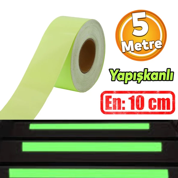 Fotolümen Gece Parlayan En 10 cm Reflektörlü 5 Mt İkaz Yeşil Fosforlu Reflektif Düz Şerit Bant ürün görseli 1