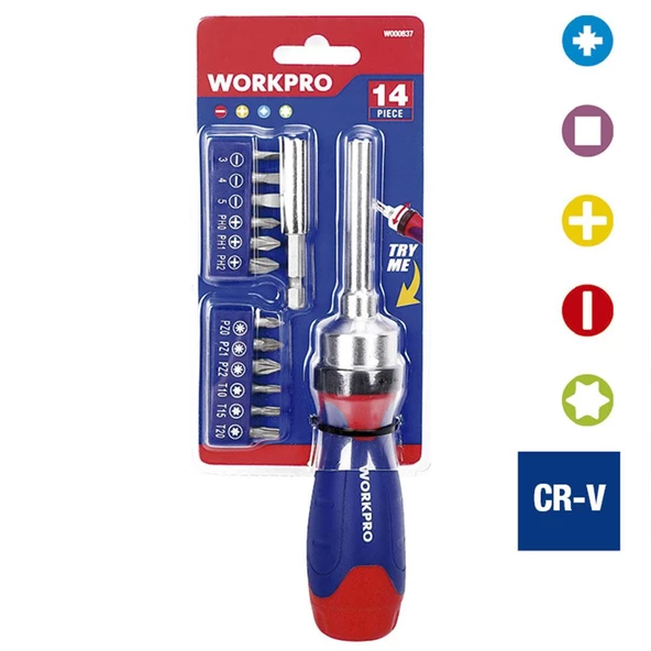 WORKPRO WP200524 14 Parça Profesyonel CR-V Cırcırlı Bits Tornavida Seti - Resim 6