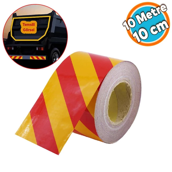 Fosforlu Reflektörlü Yapışkanlı Parlayan Sarı Kırmızı 10 Mt Reflektif Düz Şerit Bant 10 cm İkaz Bandı ürün görseli 1