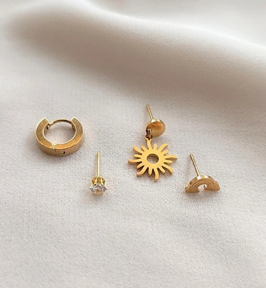 Küpe 4 lü Set Kararmaz Çelik 316L Sarı Renk Küpe Seti 16968 ürün görseli 1