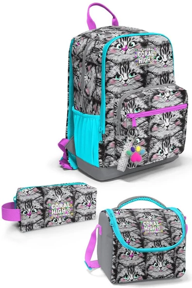 Coral High Gri Kedi 3'lü Okul Çanta Seti SET0123638 ürün görseli 1
