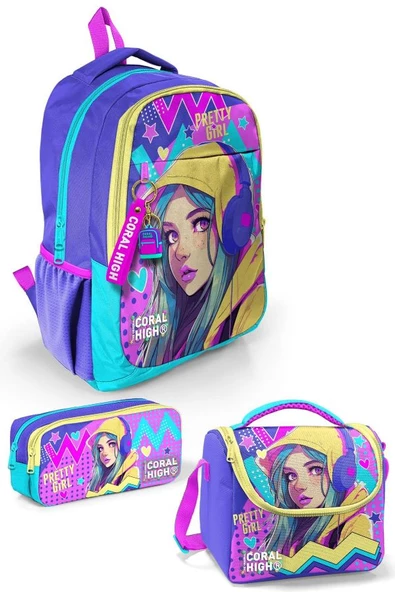 Coral High Kids Lavanta Turkuaz Kulaklı Kız Desenli 3'lü Okul Çanta Seti SET0123661 ürün görseli 1