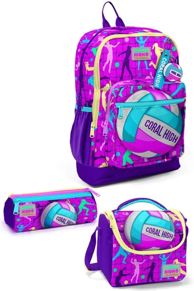 Coral High Kids Pembe Mor Voleybol Desenli 3'lü Okul Çanta Seti SET0123761 ürün görseli 1