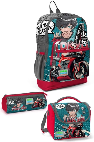 Coral High Kids Gri Nefti Anime Motorsiklet Desenli 3'lü Okul Çanta Seti SET0123764 ürün görseli 1