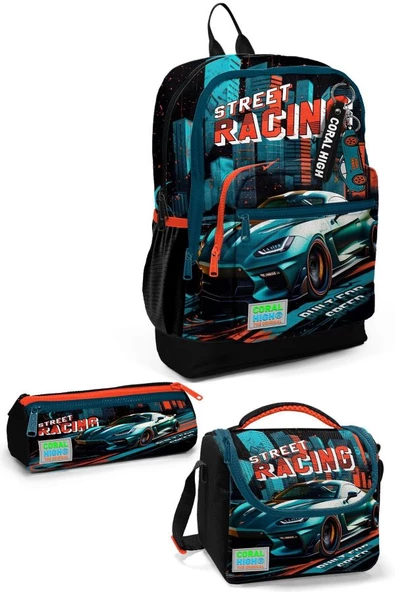 Coral High Kids Siyah Nefti Yarış Arabası Desenli 3'lü Okul Çanta Seti SET0123765 ürün görseli 1
