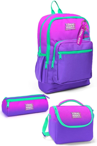 Coral High Kids Pembe Mor Renk Geçişli 3'lü Okul Çanta Seti SET0123762 ürün görseli 1