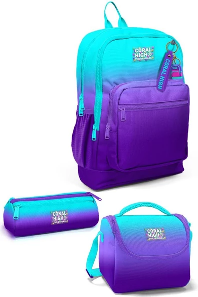 Coral High Kids Turkuaz Mor Renk Geçişli 3'lü Okul Çanta Seti SET0123763 ürün görseli 1