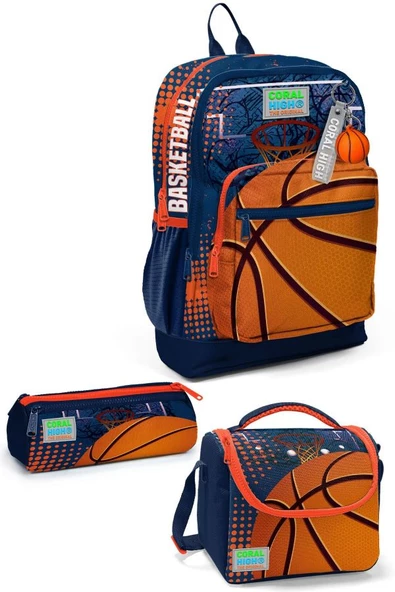 Coral High Kids Turuncu Lacivert Basketbol Desenli 3'lü Okul Çanta Seti SET0123766 ürün görseli 1