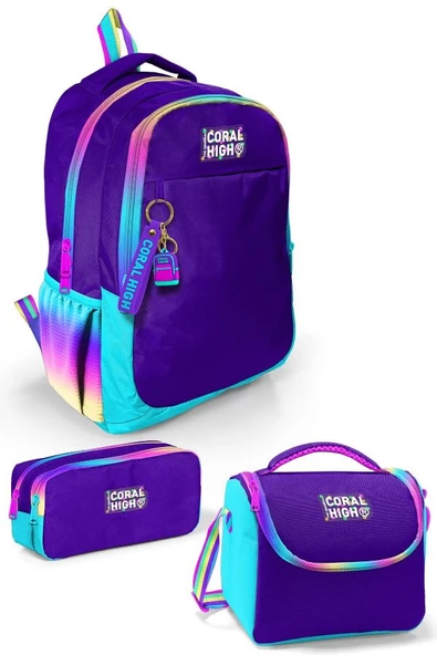 Coral High Kids Rainbow Fermuarlı Mor 3'lü Okul Çanta Seti SET0123662 ürün görseli 1