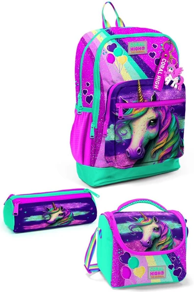 Coral High Kids Pembe Su Yeşili Unicorn Desenli 3'lü Okul Çanta Seti SET0123758 ürün görseli 1