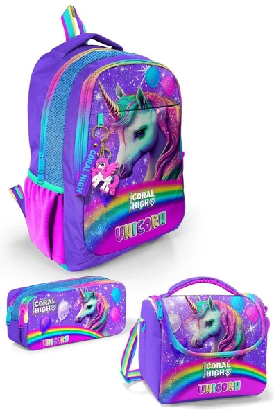 Coral High Kids Mor Simli Unicorn Desenli 3'lü Okul Çanta Seti SET0123663 ürün görseli 1