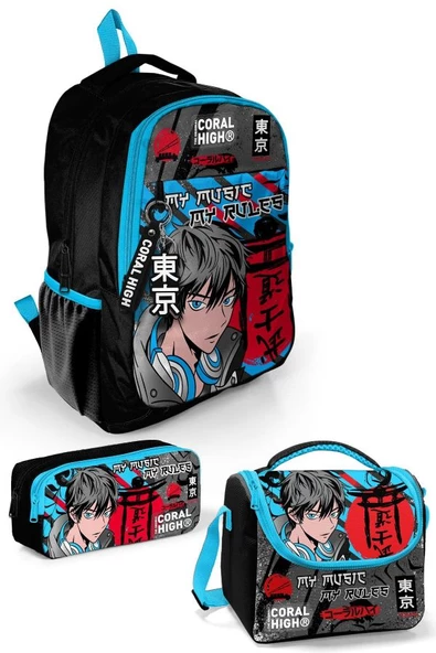 Coral High Kids Siyah Mavi Anime Desenli 3'lü Okul Çanta Seti SET0123666 ürün görseli 1