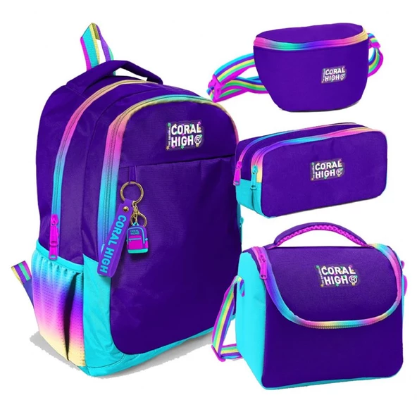 Coral High Rainbow Fermuarlı Mor Desenli Kız Çocuk Dörtlü Okul Çanta Seti - İlkokul ve Ortaokul İçin Uygun ürün görseli 1