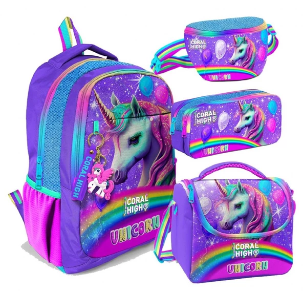 Coral High Mor Simli Unicorn Desenli Kız Çocuk Dörtlü Okul Çanta Seti - İlkokul ve Ortaokul İçin Uygun ürün görseli 1
