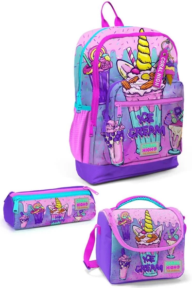 Coral High Kids Pembe Mor Milkshake Dondurma Desenli 3'lü Okul Çanta Seti SET0123749 ürün görseli 1