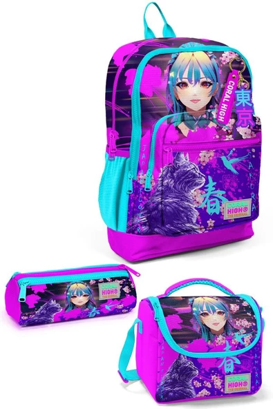 Coral High Kids Mor Pembe Anime Kedi Desenli 3'lü Okul Çanta Seti SET0123753 ürün görseli 1