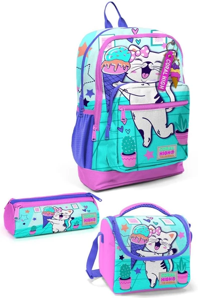 Coral High Kids Turkuaz Pembe Dondurmalı Kedi Desenli 3'lü Okul Çanta Seti SET0123751 ürün görseli 1