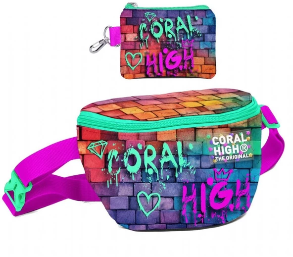 Coral High Erkek Çocuk Pembe Lacivert Grafiti Desenli Bel Çantası ve Bozuk Para Cüzdanı Set ürün görseli 1