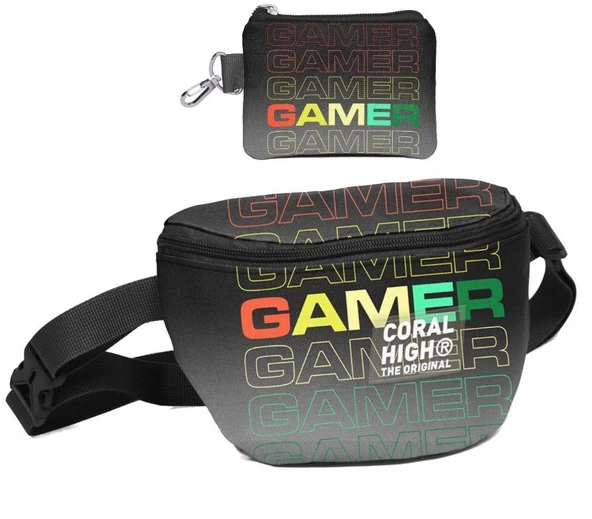 Coral High Erkek Çocuk Siyah Gri Gamer Desenli Bel Çantası ve Bozuk Para Cüzdanı Set ürün görseli 1