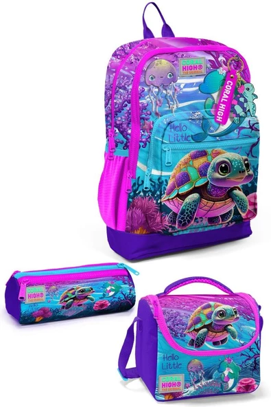 Coral High Kids Pembe Mor Kaplumbağa Desenli 3'lü Okul Çanta Seti SET0123756 ürün görseli 1