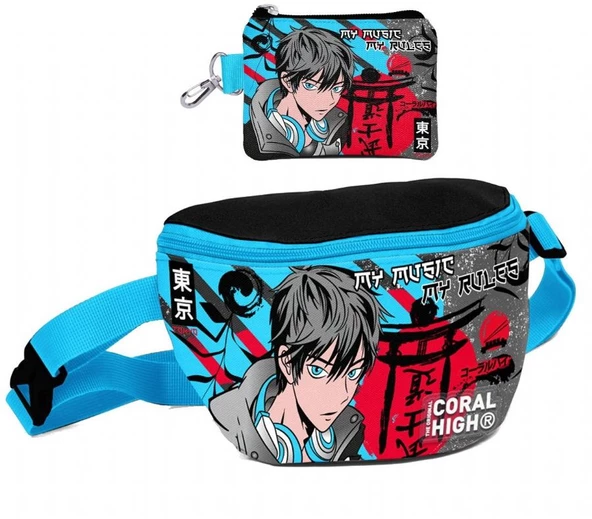 Coral High Erkek Çocuk Siyah Mavi Anime Desenli Bel Çantası ve Bozuk Para Cüzdanı Set ürün görseli 1