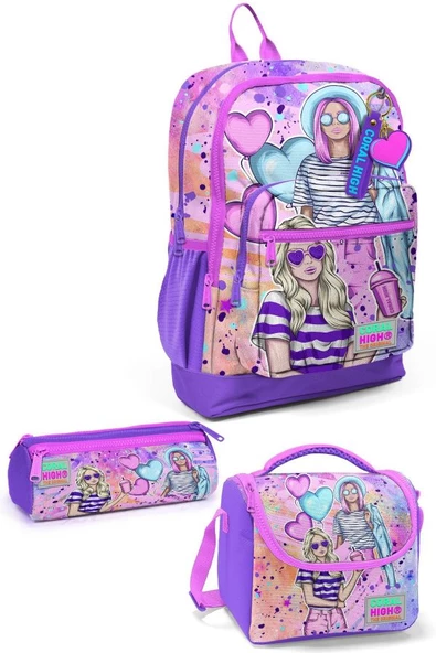 Coral High Kids Pembe Mor Fashion Girl Desenli 3'lü Okul Çanta Seti SET0123755 ürün görseli 1