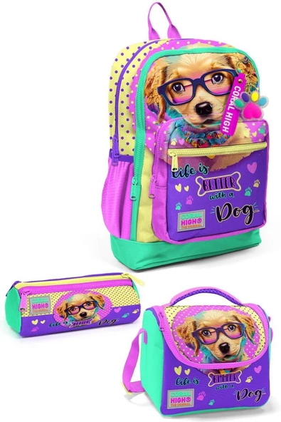 Coral High Kids Sarı Pembe Sevimli Köpek Desenli 3'lü Okul Çanta Seti SET0123752 ürün görseli 1