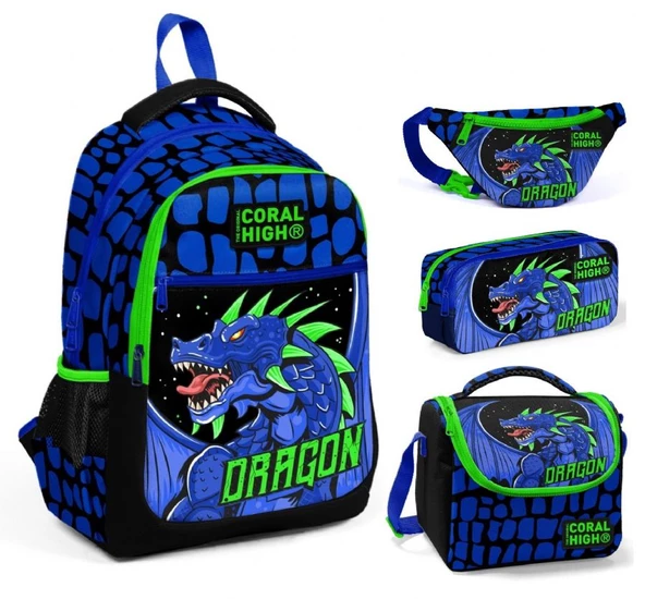 Coral High Mavi Yeşil Dragon Üçlü Okul Çantası ve Bel Çantası Seti - Erkek Çocuk ürün görseli 1