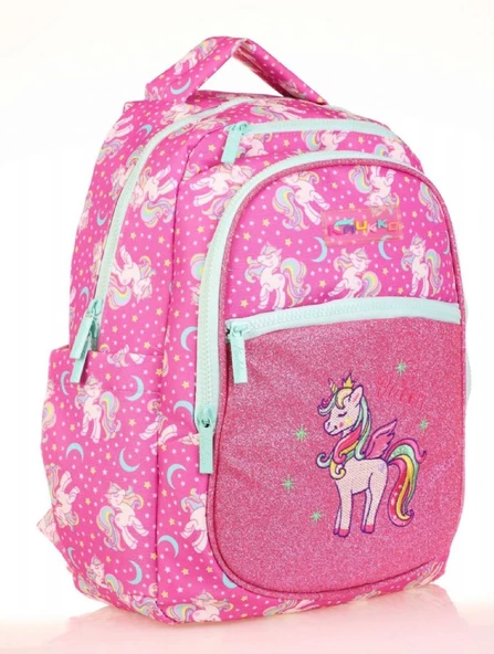 Kaukko Kids Simli Nakışlı Unicorn Pembe Kız Çocuk Okul Sırt Çantası ürün görseli 1