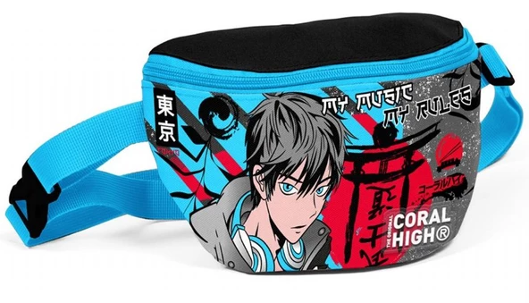 Coral High Siyah Mavi Anime Baskılı Erkek Çocuk Bel Çantası ürün görseli 1