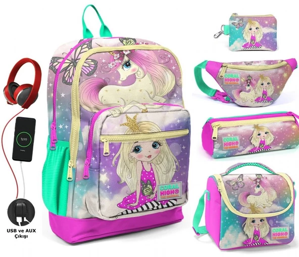 Coral High Su Yeşili Unicorn USB Soketli Beşli Okul Çantası Seti - Kız Çocuk ürün görseli 1