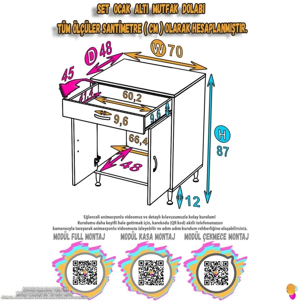Modilayn BİRCE XL-70 x 87 x 48 cm Kapaklı Set Ocak Altı Çok Amaçlı Mutfak & Banyo Dolabı ürün görseli 1