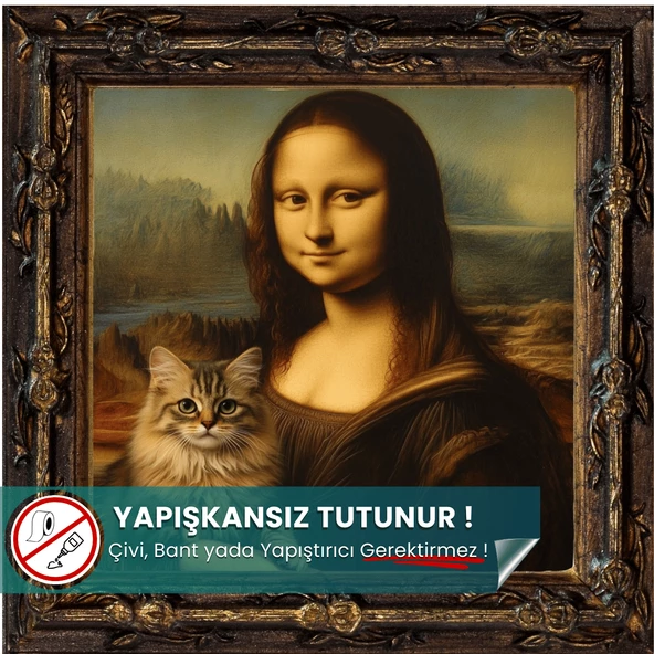 Mona Lisa & Kedi Posteri, Yapışkansız Tutunan Premium Baskı Statik Kağıt Poster, Yapay Zeka Tasarım ürün görseli 1