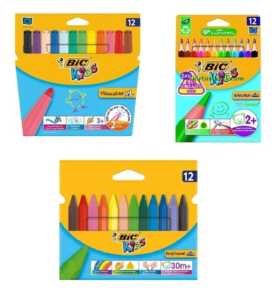 Bic 12 Renk Jumbo Kuru Boya Pastel Boya Keçeli Boya Seti 3 lü ürün görseli 1