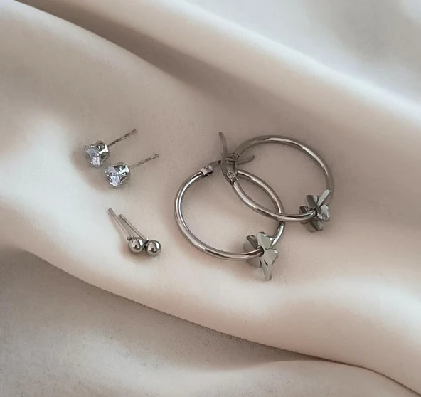 Küpe 3 lü Set Kararmaz Çelik 316L Lüks Küpe Renk Gri Taşlı ürün görseli 1