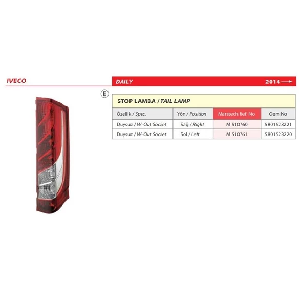 İveco Daily Duysuz Sol Stop Lambası 2014> -5801523220 - Resim 2