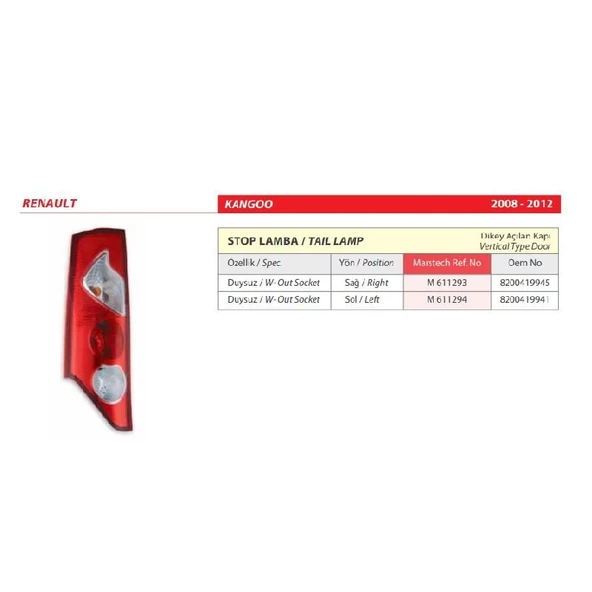 Renault Kango Duysuz Sol Arka Stop lambası 2008-2012 -8200419941 - Resim 2