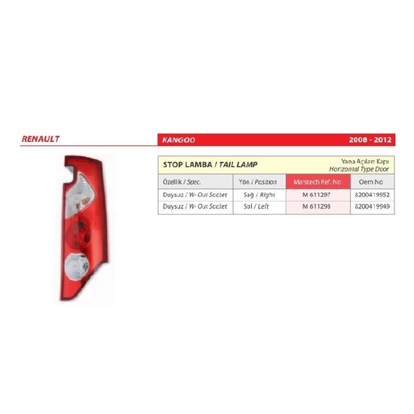 Renault Kango Duysuz Sol Arka Stop lambası (Yana Açılan Kapı) 2008-2012 -8200419949 - Resim 2