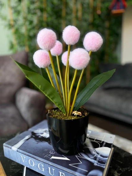 Nettenevime Yapay Çiçek Pembe Pompon Siyah Saksıda Dekoratif Yapay Çiçek 30*20cm ürün görseli 1