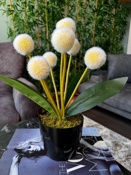 Nettenevime Yapay Çiçek Sarı Pompon Siyah Saksıda Dekoratif Yapay Çiçek 30*20cm ürün görseli 1