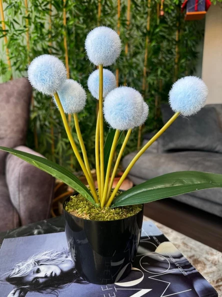Nettenevime Yapay Çiçek Mavi Pompon Siyah Saksıda Dekoratif Yapay Çiçek 30*20cm ürün görseli 1