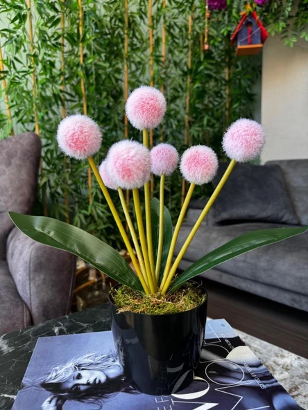 Nettenevime Yapay Çiçek Kırmızı Açık Pompon Siyah Saksıda Dekoratif Yapay Çiçek 30*20cm ürün görseli 1