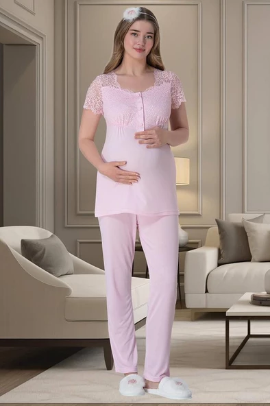 Mecit 6009 Bayan Hamile Lohusa Pembe Kısa Kollu Pijama Takımı ürün görseli 1