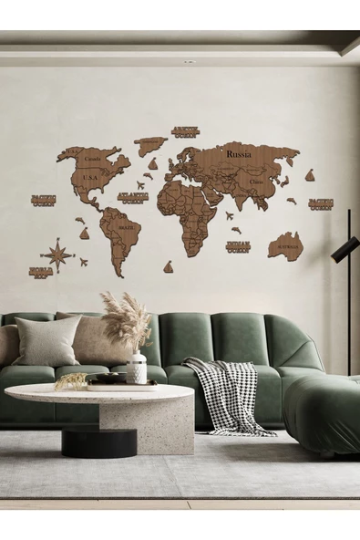 KEMSON World Map 2d Ahşap Dünya Haritası Duvar Dekoru - Resim 5