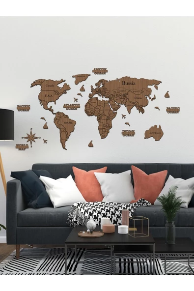 HYL 2 Boyutlu Ahşap Dünya Haritası Duvar Dekoru World Map - Resim 2