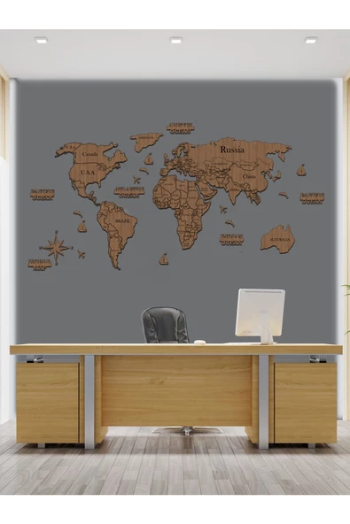 HYL 2 Boyutlu Ahşap Dünya Haritası Duvar Dekoru World Map - Resim 4