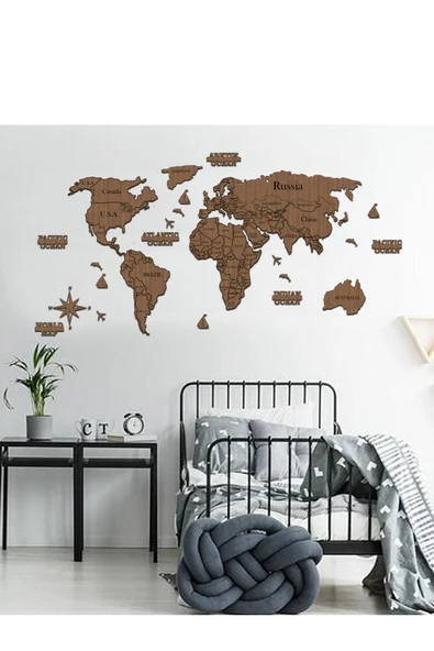 HYL 2 Boyutlu Ahşap Dünya Haritası Duvar Dekoru World Map - Resim 5